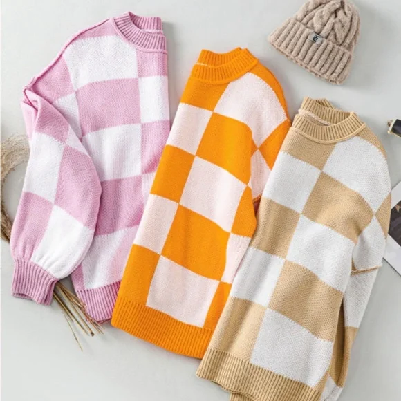 Pink Checkered Bubble Sleeved Crew Neck Knit Sweater - Picture 8 of 11